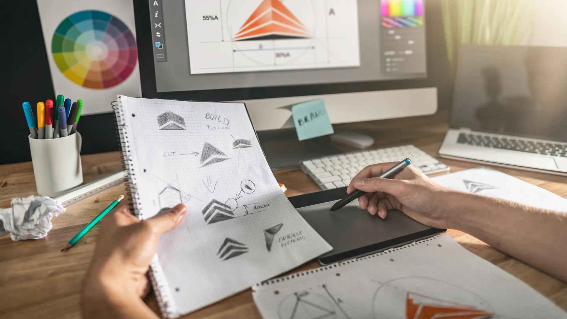 Designer working on different logo versions with examples of good and bad practices