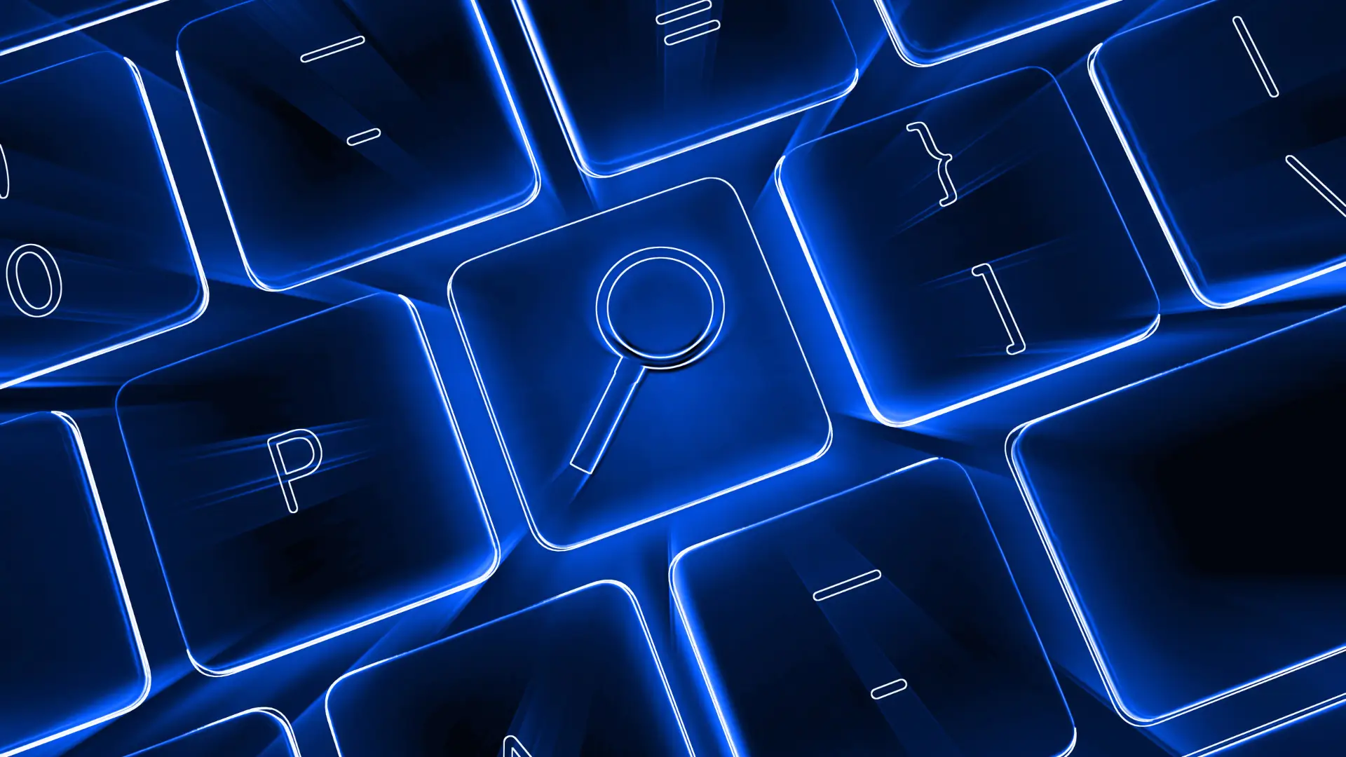 Dark blue glowing keyboard with a magnifying glass key symbolizing SEO search and Core Web Vitals optimization