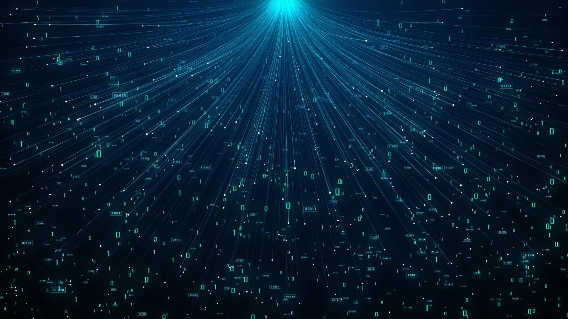 Flux de données binaires convergeant vers un point lumineux sur fond bleu nuit, illustration abstraite