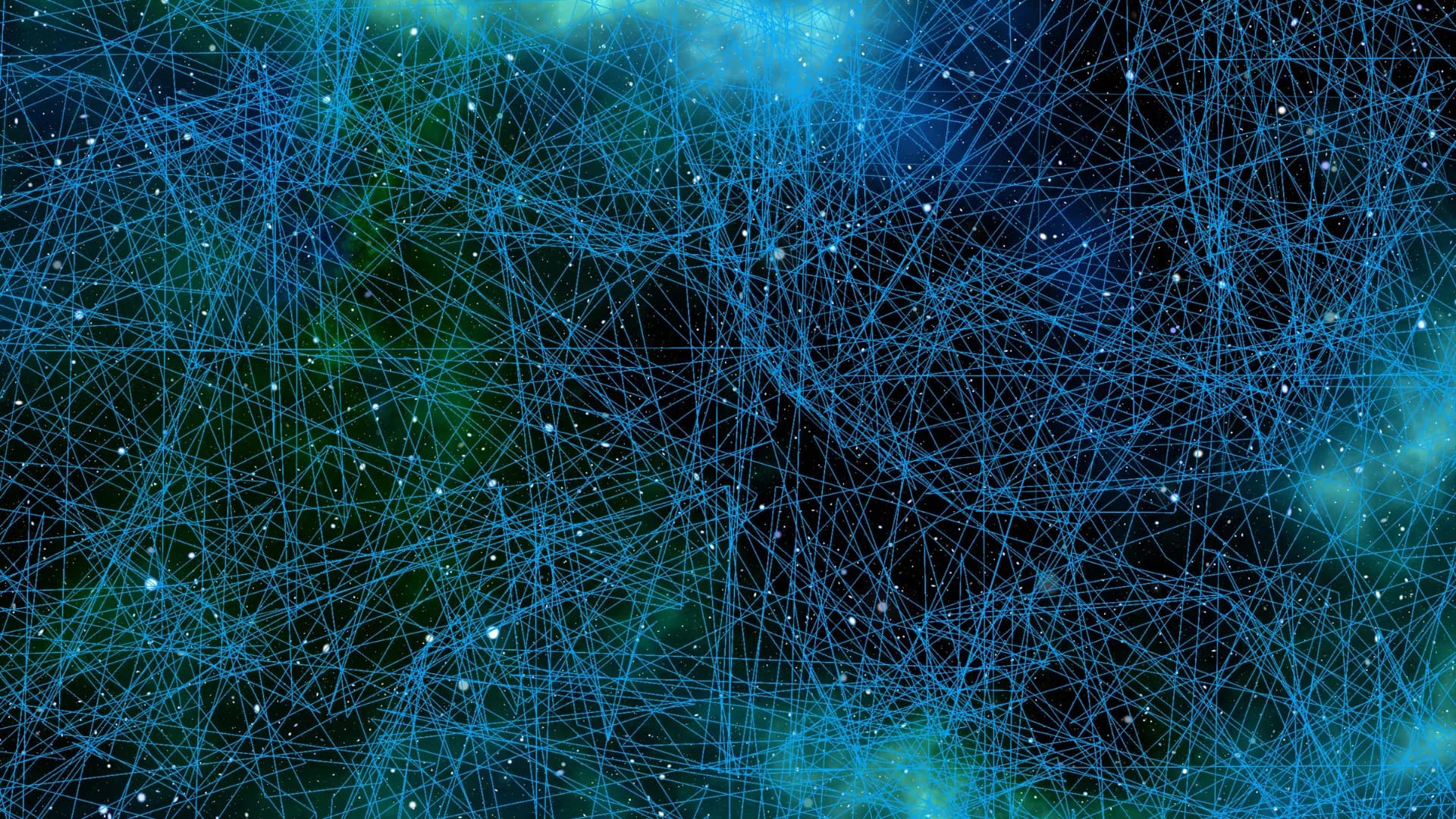 Dense network of intersecting blue lines on a dark starry background, abstract illustration of paths