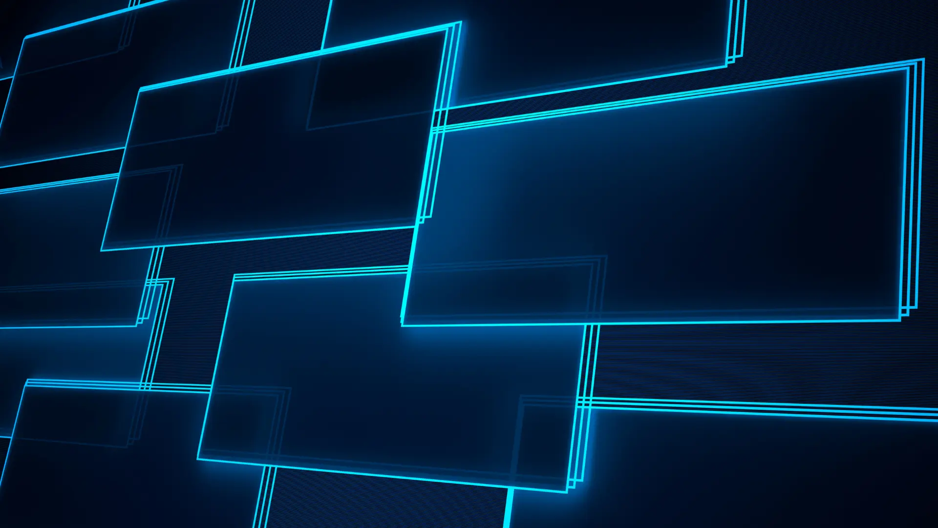 Rectangles aux contours néon bleus superposés sur un fond sombre, évoquant des panneaux d'interface ancrés les uns aux autres