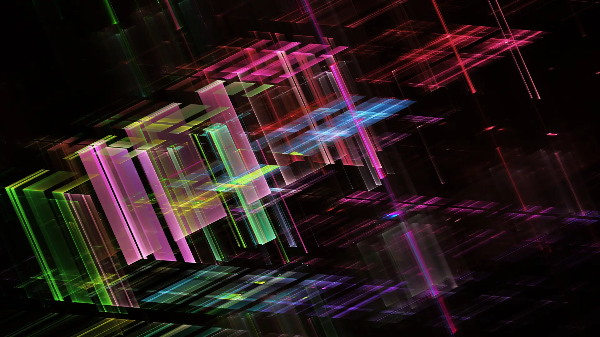 Abstract digital structure made of overlapping translucent neon panels in pink, green and blue on a black background